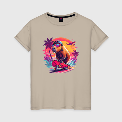 Женская футболка хлопок с принтом Cool capybara on a skateboard - ai art, вид спереди #2