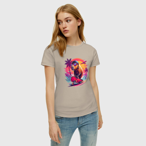 Женская футболка хлопок с принтом Cool capybara on a skateboard - ai art, фото на моделе #1