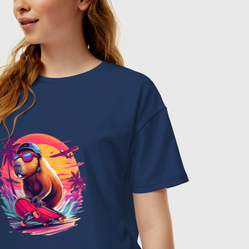 Женская футболка хлопок Oversize с принтом Cool capybara on a skateboard - ai art, фото на моделе #1