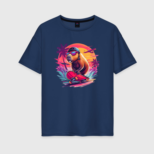 Женская футболка хлопок Oversize с принтом Cool capybara on a skateboard - ai art, вид спереди #2