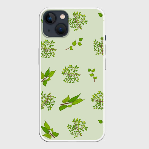Чехол для iPhone 14 Plus с принтом Веточки с зелеными листьями растение, вид спереди №1