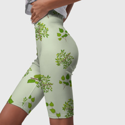 Велосипедки с принтом Веточки с зелеными листьями растение для женщины, вид на модели спереди №3. Цвет основы: белый