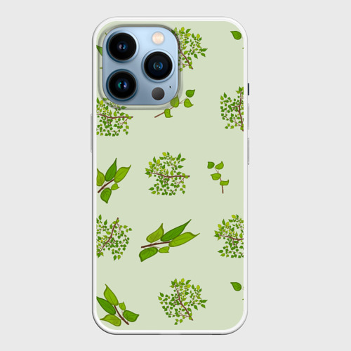 Чехол для iPhone 14 Pro с принтом Веточки с зелеными листьями растение, вид спереди №1