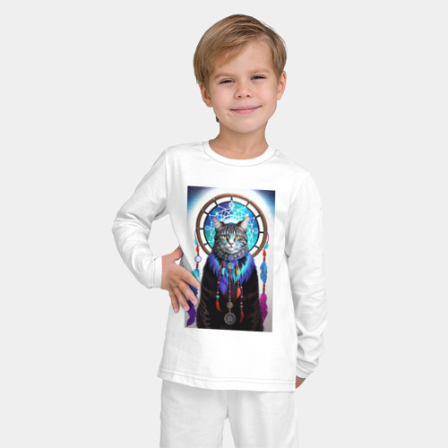 Детская пижама с лонгсливом хлопок с принтом Кот шаман, ловец снов, фото на моделе #1