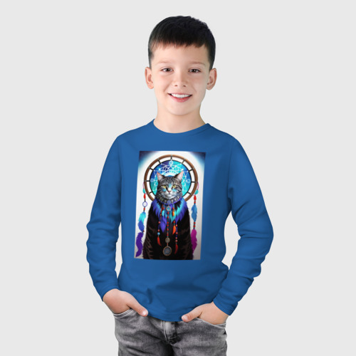 Детский лонгслив хлопок с принтом Кот шаман, ловец снов, фото на моделе #1