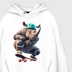 Худи с принтом Крутой носорог на скейтборде - нейросеть для мужчины, вид на модели спереди №3. Цвет основы: белый