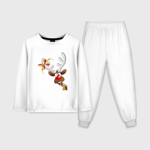 Детская пижама с лонгсливом хлопок Праздничный  олень , цвет белый