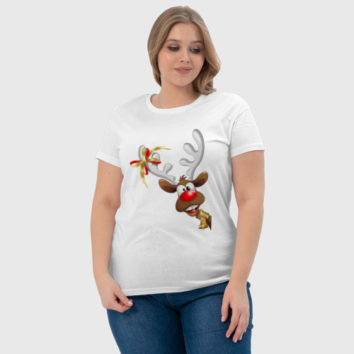 Женская футболка хлопок Праздничный  олень , цвет белый - фото 6