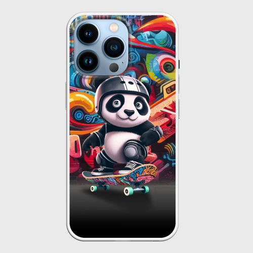 Чехол для iPhone 14 Pro с принтом Панда - крутой скейтбордист на фоне граффити, вид спереди №1