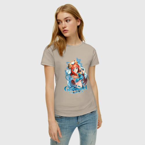 Женская футболка хлопок Нилу гидро из Геншина, цвет миндальный - фото 3