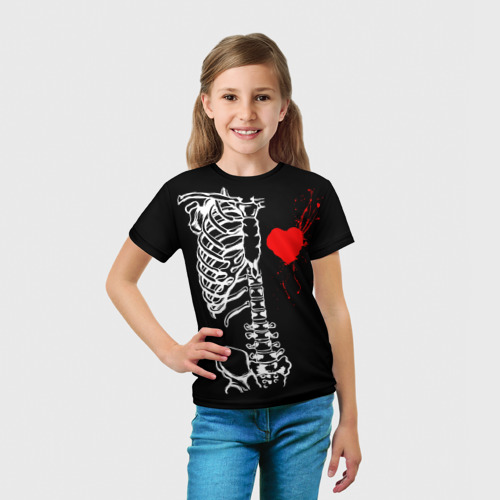 Детская футболка 3D Скелет с красным сердцем, цвет 3D печать - фото 5