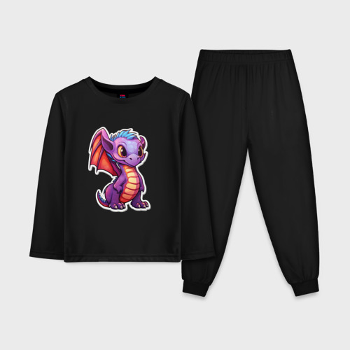 Детская пижама с лонгсливом хлопок с принтом Милый фиолетовый дракончик, вид спереди #2