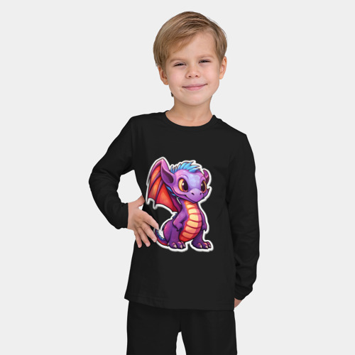 Детская пижама с лонгсливом хлопок с принтом Милый фиолетовый дракончик, фото на моделе #1