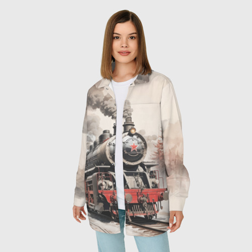 Женская рубашка oversize 3D с принтом Паровоз со звездой, фото на моделе #1