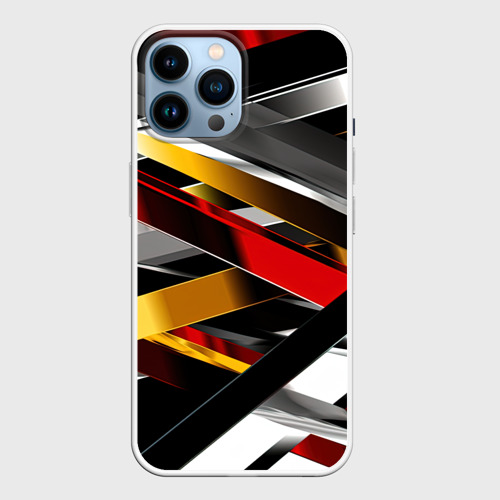 Чехол для iPhone 14 Pro Max с принтом Металлические красные и белые полосы, вид спереди №1