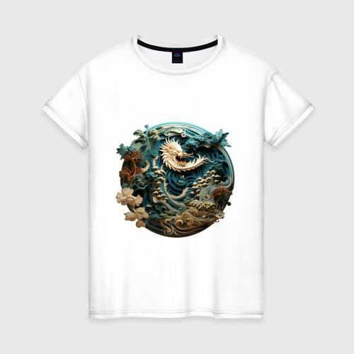 Женская футболка из хлопка с принтом Китайский дракон в круге, вид спереди №1