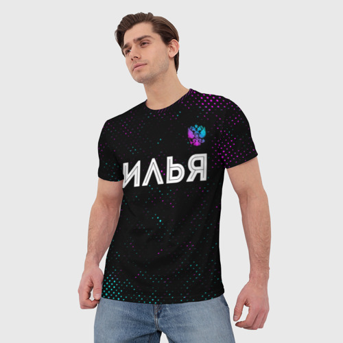 Мужская футболка 3D Илья и неоновый герб России посередине, цвет 3D печать - фото 3