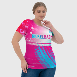 Футболка с принтом Nickelback neon gradient style посередине для женщины, вид на модели спереди №4. Цвет основы: белый