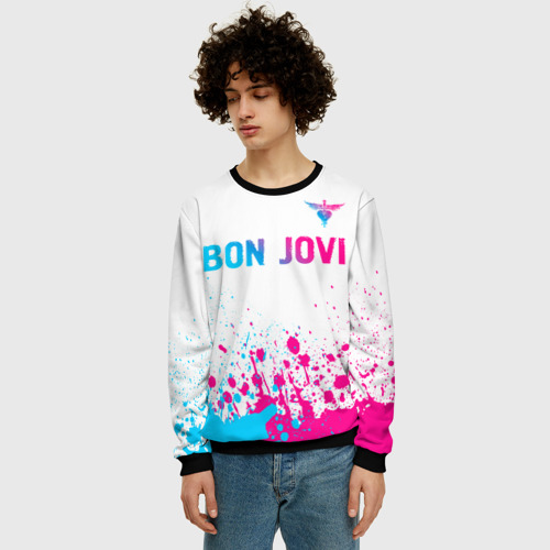 Мужской свитшот 3D Bon Jovi neon gradient style посередине, цвет черный - фото 3