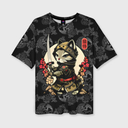Женская футболка oversize 3D Кот - японский самурай