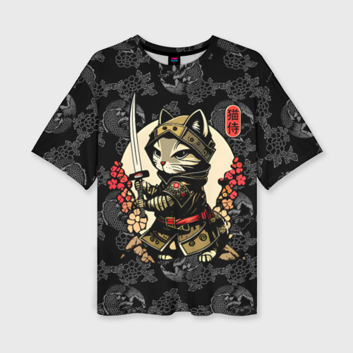 Женская футболка оверсайз с принтом Кот - японский самурай, вид спереди №1