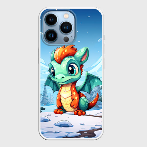 Чехол для iPhone 14 Pro с принтом Малыш в обличии дракона для зимы, вид спереди №1