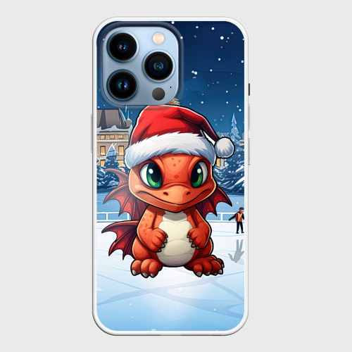 Чехол для iPhone 14 Pro с принтом Маленький дракон  зимнего чуда, вид спереди №1
