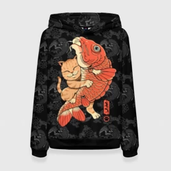 Женская толстовка 3D Японский рыжий кот рыбак и карп