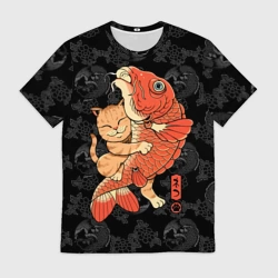 Мужская футболка 3D Японский рыжий кот рыбак и карп