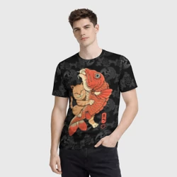 Мужская футболка 3D Японский рыжий кот рыбак и карп - фото 2