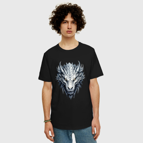 Мужская футболка хлопок Oversize с принтом Белый чернильный дракон, фото на моделе #1