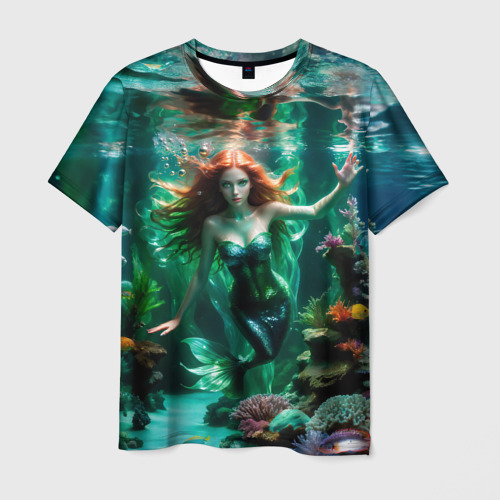 Мужская футболка с принтом Реалистичное фото русалки под водой, вид спереди №1