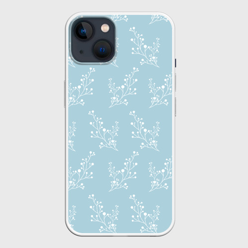 Чехол для iPhone 14 с принтом Белые зимние веточки на голубом фоне, вид спереди №1
