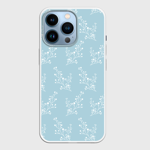 Чехол для iPhone 14 Pro с принтом Белые зимние веточки на голубом фоне, вид спереди №1