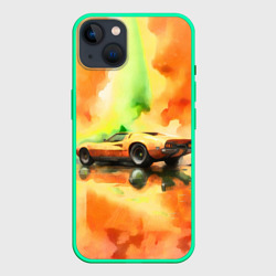 Машина на оранжево зеленом фоне акварель – Чехол для iPhone 14 Plus с принтом купить