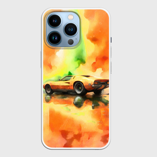 Чехол для iPhone 14 Pro с принтом Машина на оранжево зеленом фоне акварель, вид спереди №1