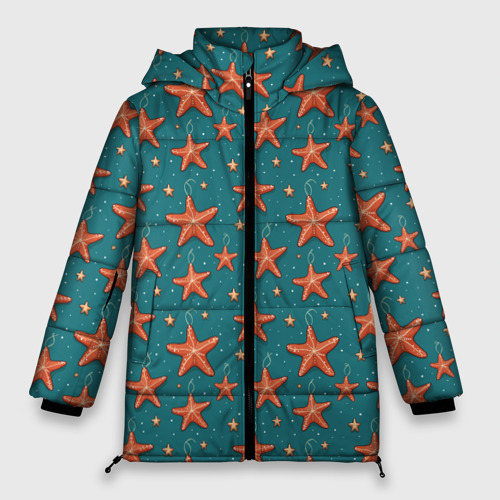 Женская зимняя куртка 3D с принтом Морские звезды тоже хотят на ёлку, вид спереди #2