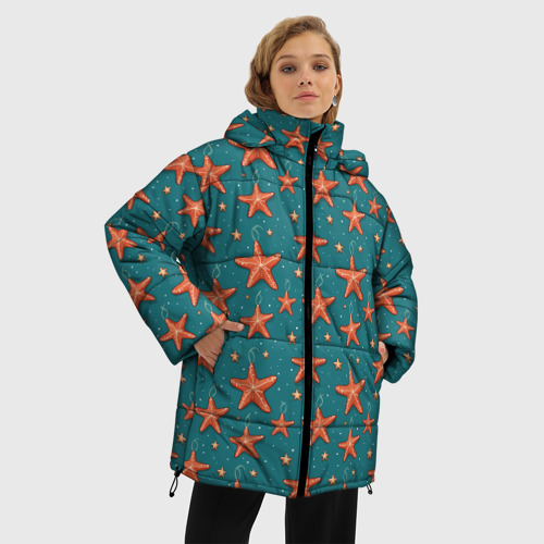 Женская зимняя куртка 3D с принтом Морские звезды тоже хотят на ёлку, фото на моделе #1