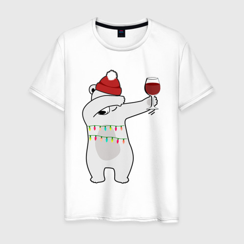 Мужская футболка из хлопка с принтом Новогодний мишка с бокалом вина, вид спереди №1