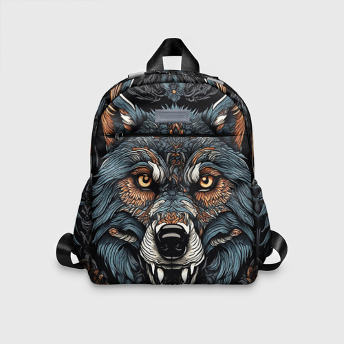 Детский рюкзак 3D с принтом Дикий волк с узорами, вид спереди #2