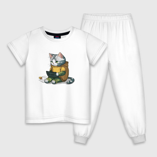 Детская пижама хлопок с принтом Котик за учебой, вид спереди #2