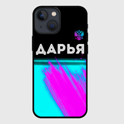 Чехол для iPhone 13 mini Дарья и неоновый герб России посередине