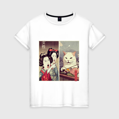 Женская футболка из хлопка с принтом Кот из мема, вид спереди №1