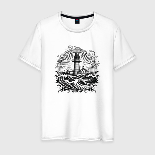 Мужская футболка из хлопка с принтом Море и маяк, вид спереди №1