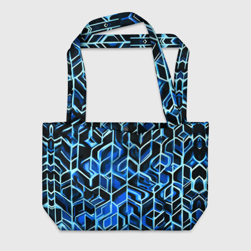 Пляжная сумка с принтом Синие полосы на чёрном фоне, вид спереди №1