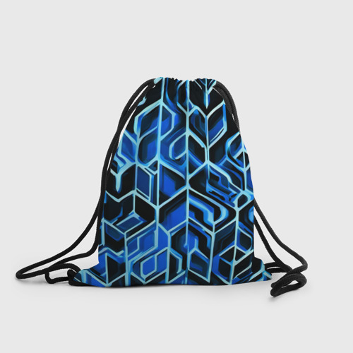 Рюкзак-мешок с принтом Синие полосы на чёрном фоне, вид спереди №1