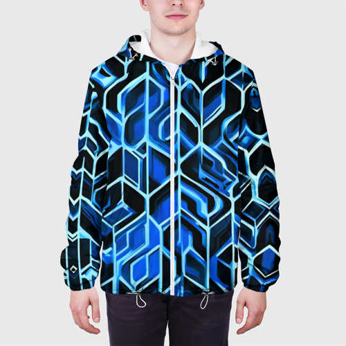 Мужская куртка 3D с принтом Синие полосы на чёрном фоне, вид сбоку #3
