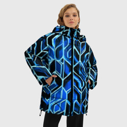 Куртка с принтом Синие полосы на чёрном фоне для женщины, вид на модели спереди №2. Цвет основы: черный