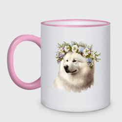 Кружка двухцветная Самоедская собака в венке из цветов