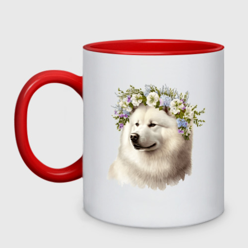 Кружка двухцветная с принтом Самоедская собака в венке из цветов, вид спереди №1